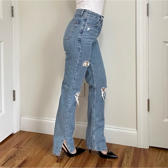 High Waist Side Slit Washed Distressed Jeans - Picture 4 of 10
